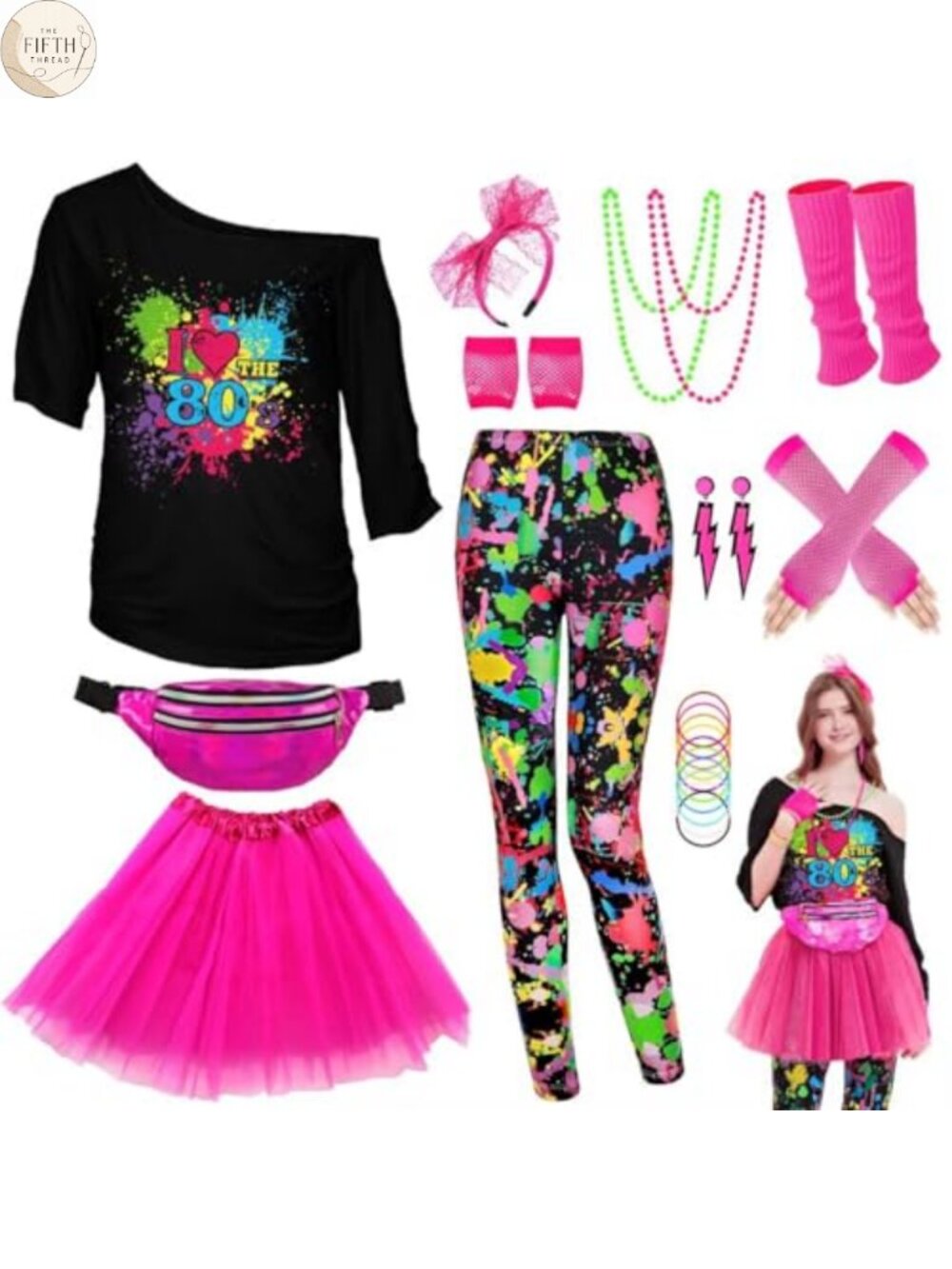 80s Costume Set 25 Pcs T-Shirt Leggings Tutu Fanny Pack Accessories